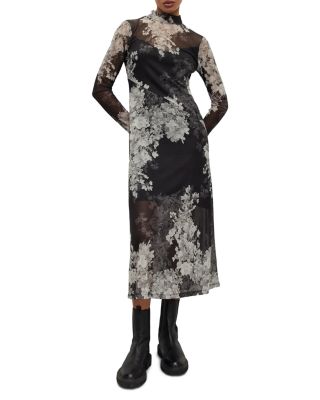 all saints hanna mesh dress AllSaints Hanna Short Sleeve Mesh Kora Midi Dress in Black