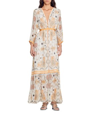 Sandro Valldemossa Metallic Scarf Print Maxi Dress