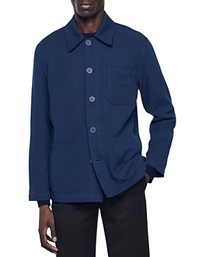 Sandro Twill Solid Worker Jacket In Navy Blue