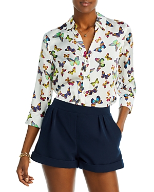 L Agence Dani Three Quarter Sleeve Butterfly Print Silk Blouse In White Multi