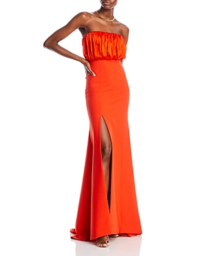 Cinq À Sept Laurence Strapless Pleated-bodice Slit Gown In Cherry Tomato