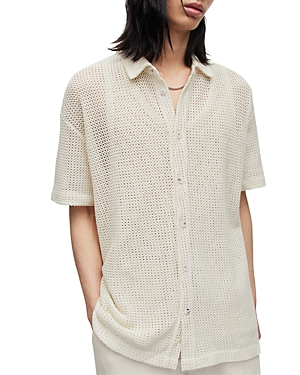 Allsaints Mens Chalk White Munroe Stripe-pattern Relaxed-fit Organic-cotton Shirt In Chalk White