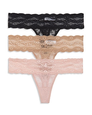 B.tempt'd By Wacoal Assorted 3-pack Lace Kiss Thongs In Rose Smoke/au Natural/night