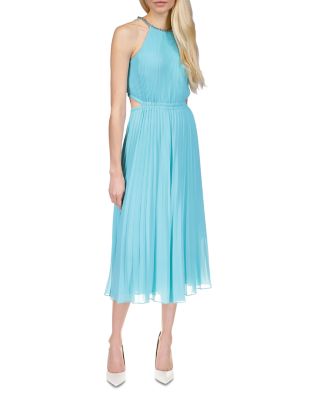 Michael Michael Kors Chain Trim Pleated Cutout Midi Dress In Turquoise |  ModeSens