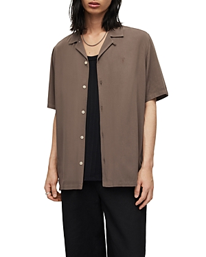 Shop Allsaints Venice Solid Regular Fit Button Down Camp Shirt In Wood Brown