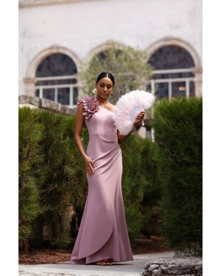 One Shoulder Ruffle Crepe Gown - Exclusive