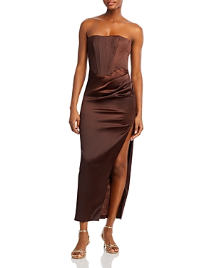 Bardot Everlasting Corset Strapless Satin Gown In Chocolate