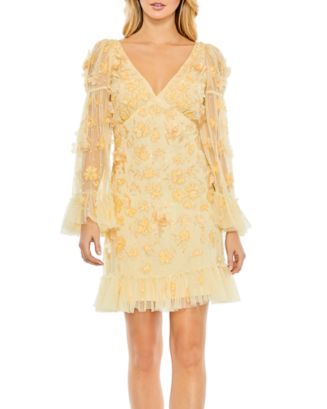 Mac Duggal Floral Embellished Long Sleeve Ruffle Hem Dress | Bloomingdale's  Women