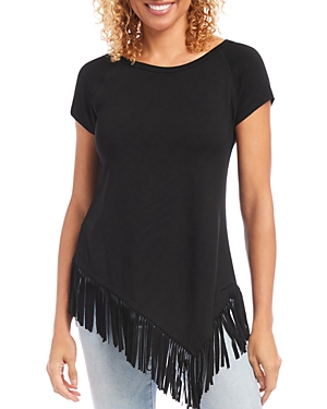 Karen Kane Asymmetric Fringe Jersey Top In Black