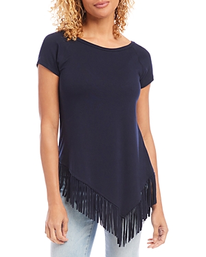 Karen Kane Asymmetric Fringe Jersey Top In Navy
