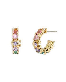 COACH - Signature Tennis Multicolor Crystal Huggie Hoop Earrings in Gold Tone