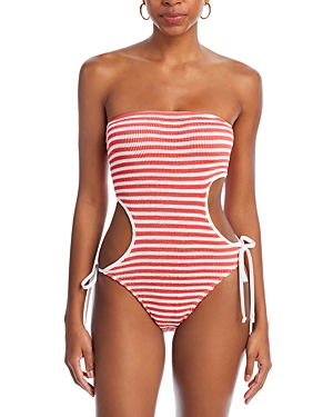 Cleonie Seadream Maillot Striped Side Tie Swimsuit In White/coral Stripe