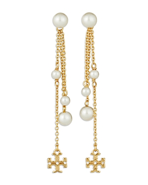 Tory Burch Kira Logo & Imitation Pearl Linear Drop Earrings In 18k Gold Plated In Shiny Gold/white