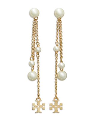 Tory Burch - Kira Logo & Imitation Pearl Linear Drop Earrings in 18K Gold Plated