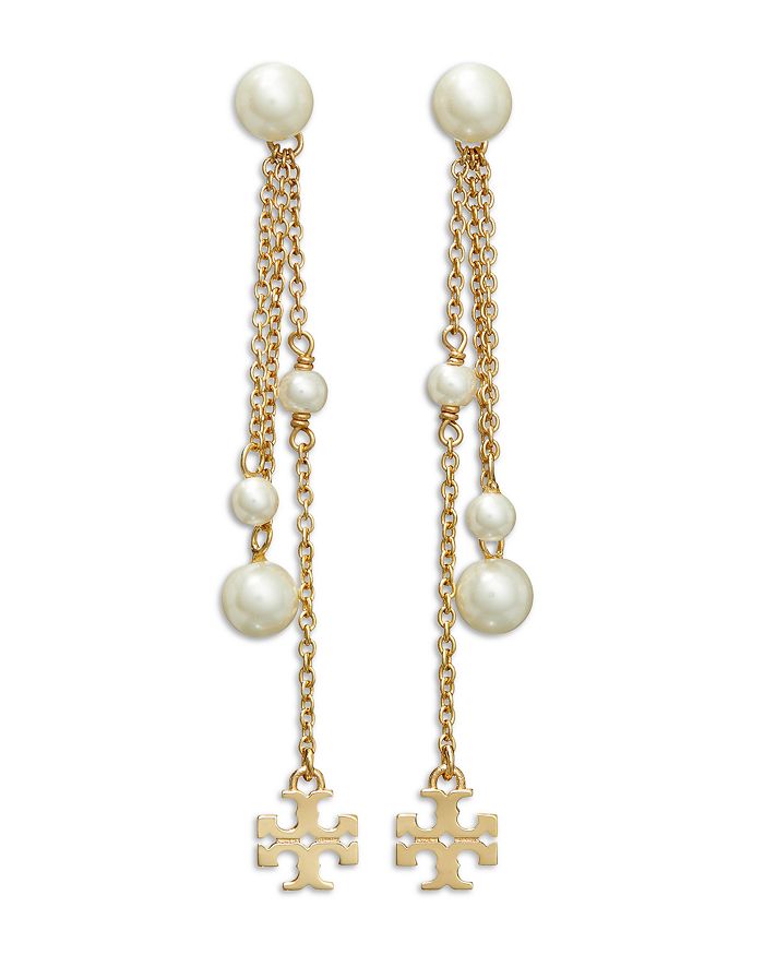 Tory Burch Kira Logo & Imitation Pearl Linear Drop Earrings in 18K Gold ...