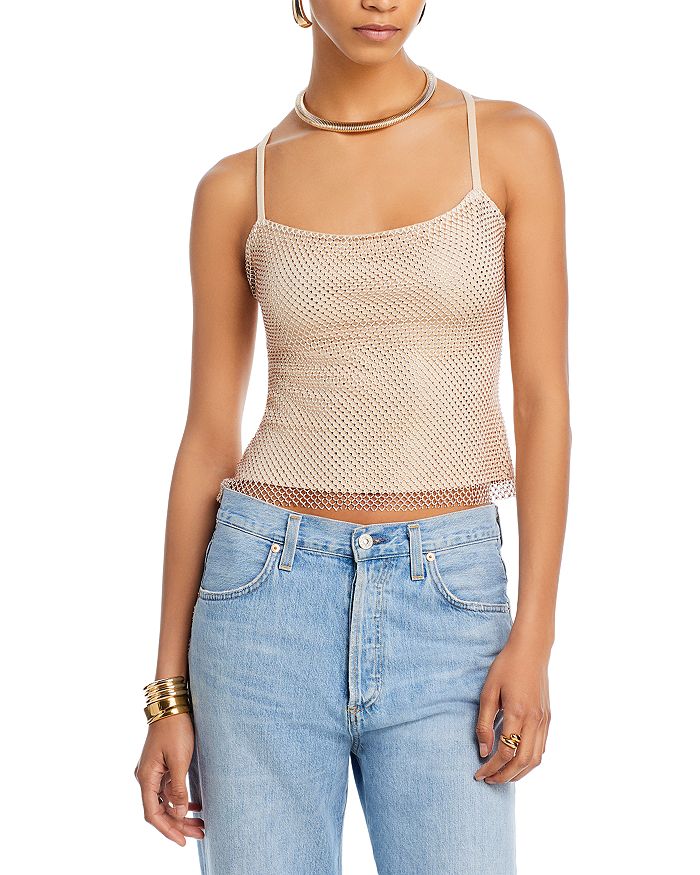 AQUA Sleeveless Crystal Embellished Mesh Top - Exclusive | Bloomingdale's