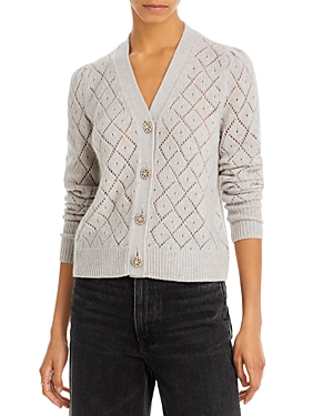 C By Bloomingdale's Cashmere Diamond Pointelle Crystal Button Cashmere Cardigan - 100% Exclusive In Light Grey