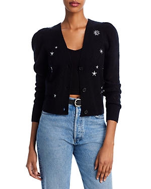 Aqua Cashmere Celestial Embroidered Diamond Pointelle Puff Sleeve Cashmere Cardigan - 100% Exclusive In Black/ivory