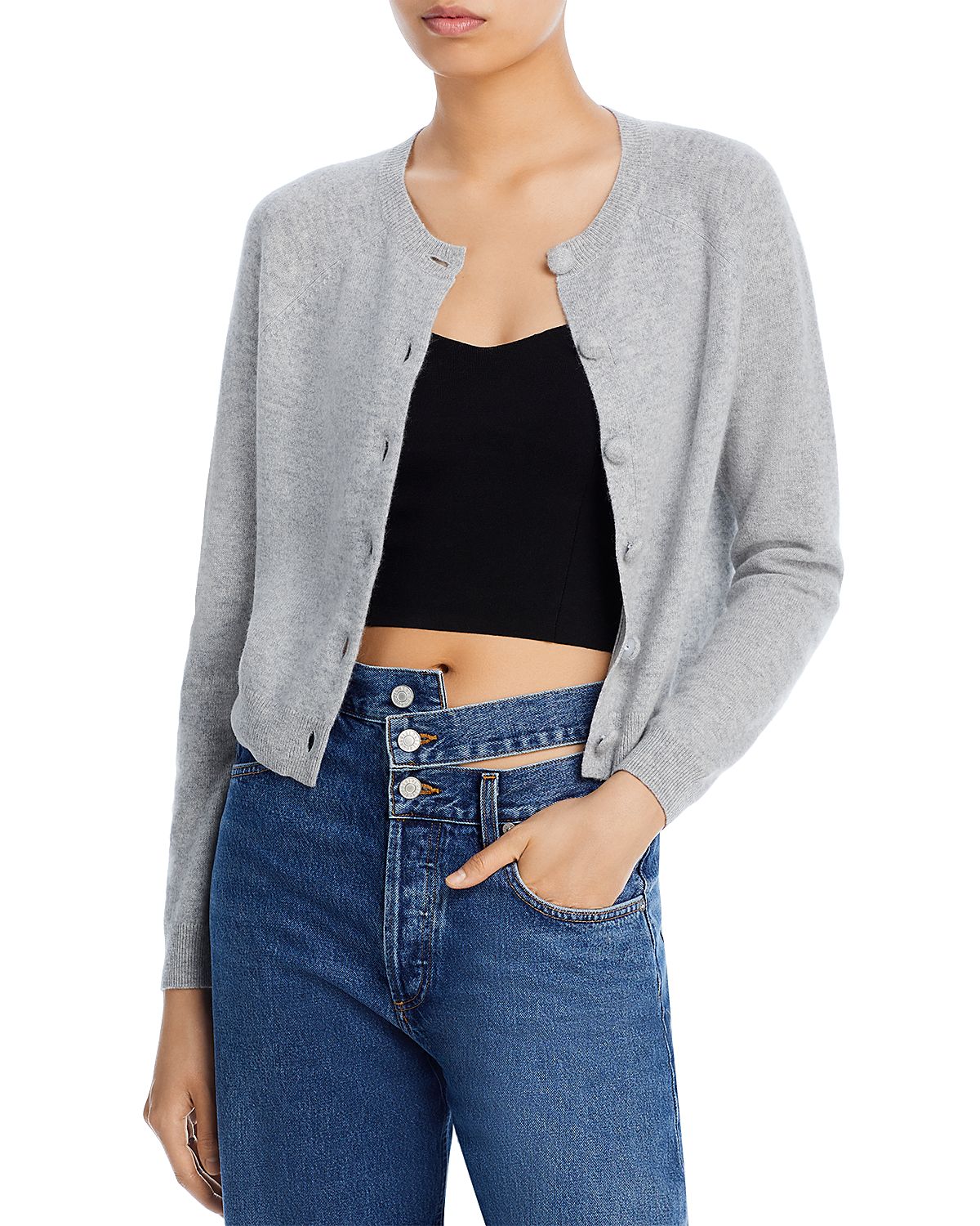 Aqua 100% Cashmere Crewneck Cardigan - Exclusive