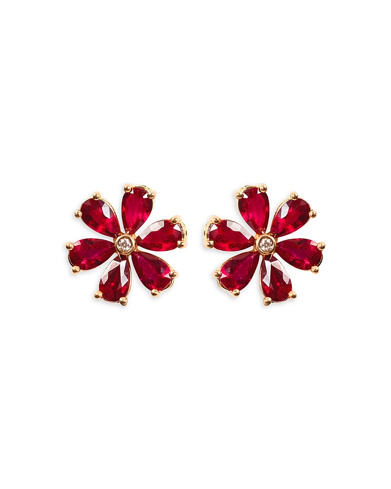 Zydo 18k Rose Gold Luminal Ruby & Diamond Floral Stud Earrings In Red