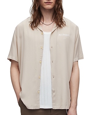 Allsaints Underground Logo Print Relaxed Fit Button Down Camp Shirt In Clifftop Taupe