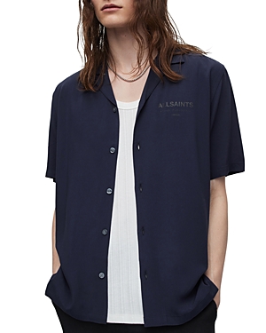 Allsaints Underground Logo Print Relaxed Fit Button Down Camp Shirt In Ink Navy