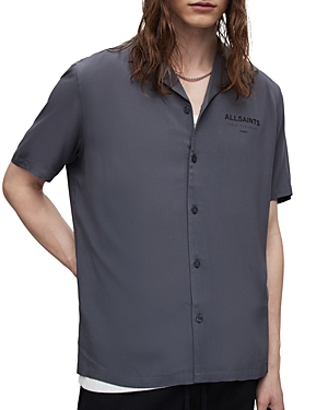 Allsaints Underground Logo Print Relaxed Fit Button Down Camp Shirt In Pipe Grey