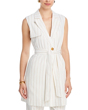 T Tahari Striped Long Trench Waistcoat In White With Tan