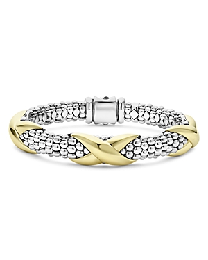 Shop Lagos 18k Yellow Gold & Sterling Silver Embrace Triple X Caviar Bead Link Bracelet In Silver/gold