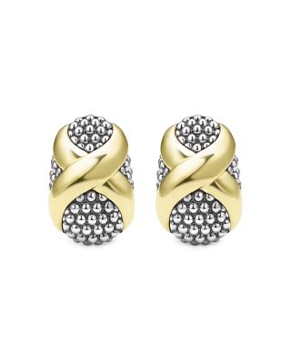 18K Yellow Gold & Sterling Silver Embrace X Oval Caviar Bead Omega Earrings