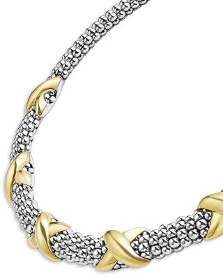 18K Yellow Gold & Sterling Silver Embrace Five Station X Caviar Collar Necklace, 16"