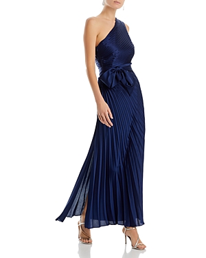Milly Estell Pleated Tie Belt Gown In Navy