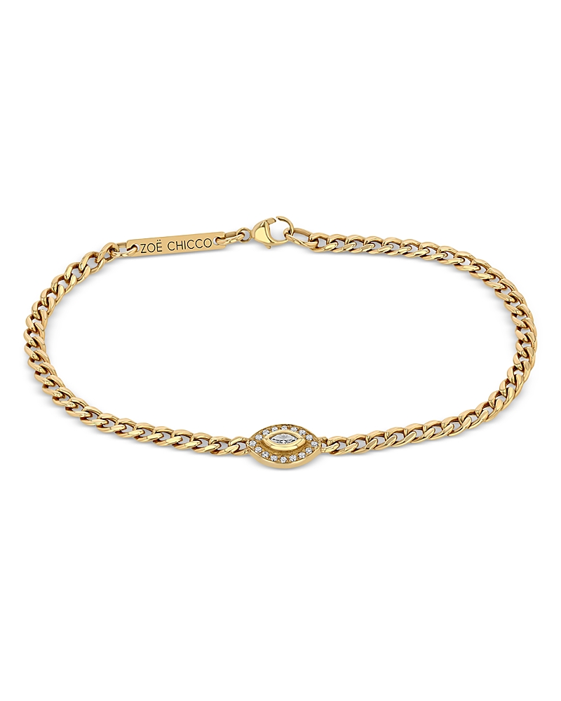 Zoë Chicco 14k Yellow Gold Small Curb Chain Marquise Diamond Halo Bracelet In Gold