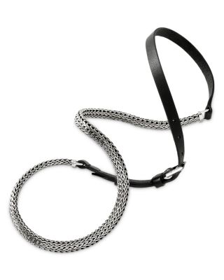 Sterling Silver Classic Chain Leather Strap Wrap Bracelet