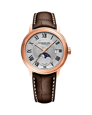 Shop Raymond Weil Maestro Moon Phase Automatic Leather Watch, 39.5mm In Silver/brown