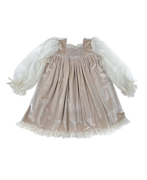 Shop Petite Maison Girls' Helena Velour Dress With Organza Puff Sleeves - Baby, Little Kid, Big Kid In Beige