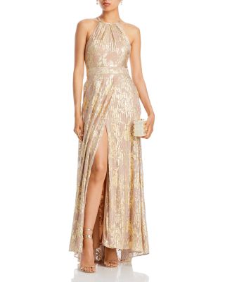 Foil Knit Metallic Halter Gown - Exclusive