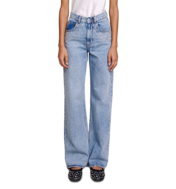 Maje Petoile Rhinestone Straight Leg Jeans in Blue | Bloomingdale's