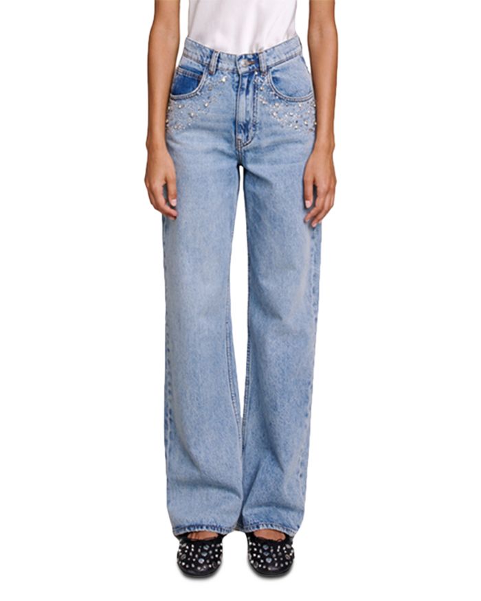 Maje Petoile Rhinestone Straight Leg Jeans in Blue | Bloomingdale's