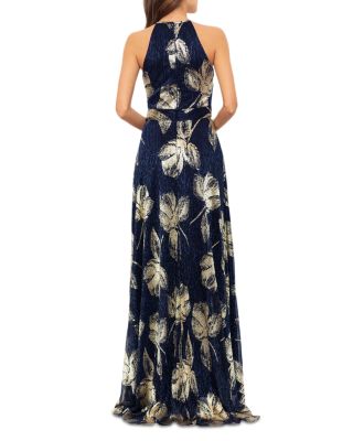 Floral Print Foil Halter Gown - Exclusive