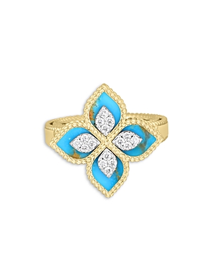 Roberto Coin 18k Yellow Gold Diamond (0.15 Ct. T.w.) & Turquoise (2.88 Ct. T.w.) Venetian Princess Ring In Blue/gold