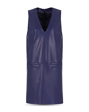 Armani Collezioni Sleeveless V Neck Leather Shift Dress In Purple