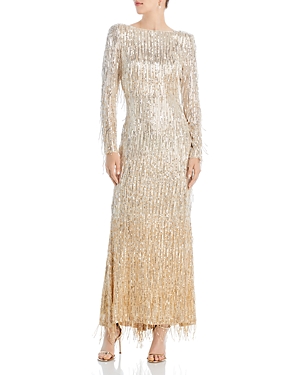 Eliza J Fringe Sequin Gown In Gold Combo