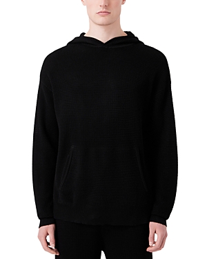 Armani Collezioni Waffle Knit Sweater Hoodie In Solid Black