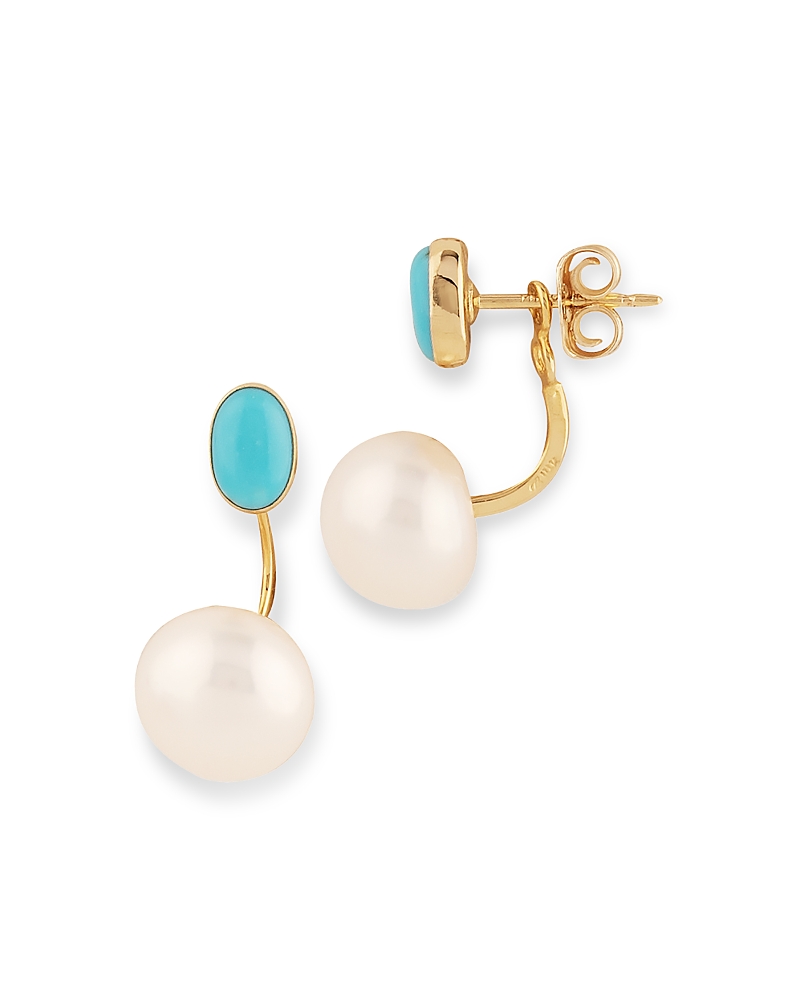 BLOOMINGDALE'S TURQUOISE & CULTURED FRESHWATER PEARL FRONT TO BACK EARRINGS IN 14K YELLOW GOLD