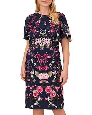 Adrianna Papell Plus Floral Print Crepe Dress In Navy Multi