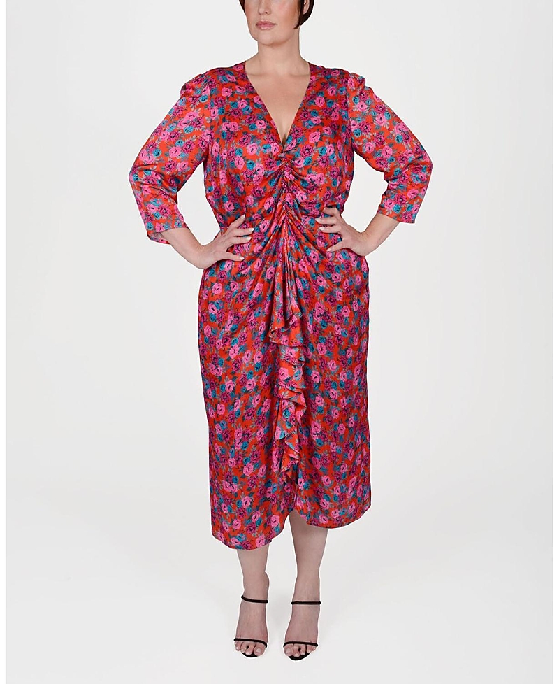 Mayes Nyc Winnie Floral-print Ruffle-front Midi Dress In Mini Rose Print
