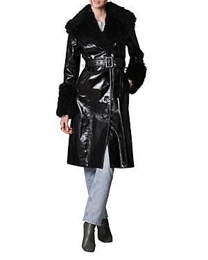 Shop Avec Les Filles Patent Faux Fur Trimmed Trench Coat In Black