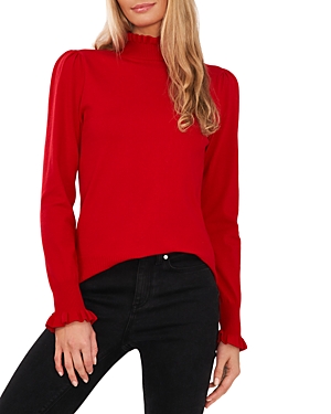 Cece Mock Neck Blouson Sleeve Satin Top In Luminous Red