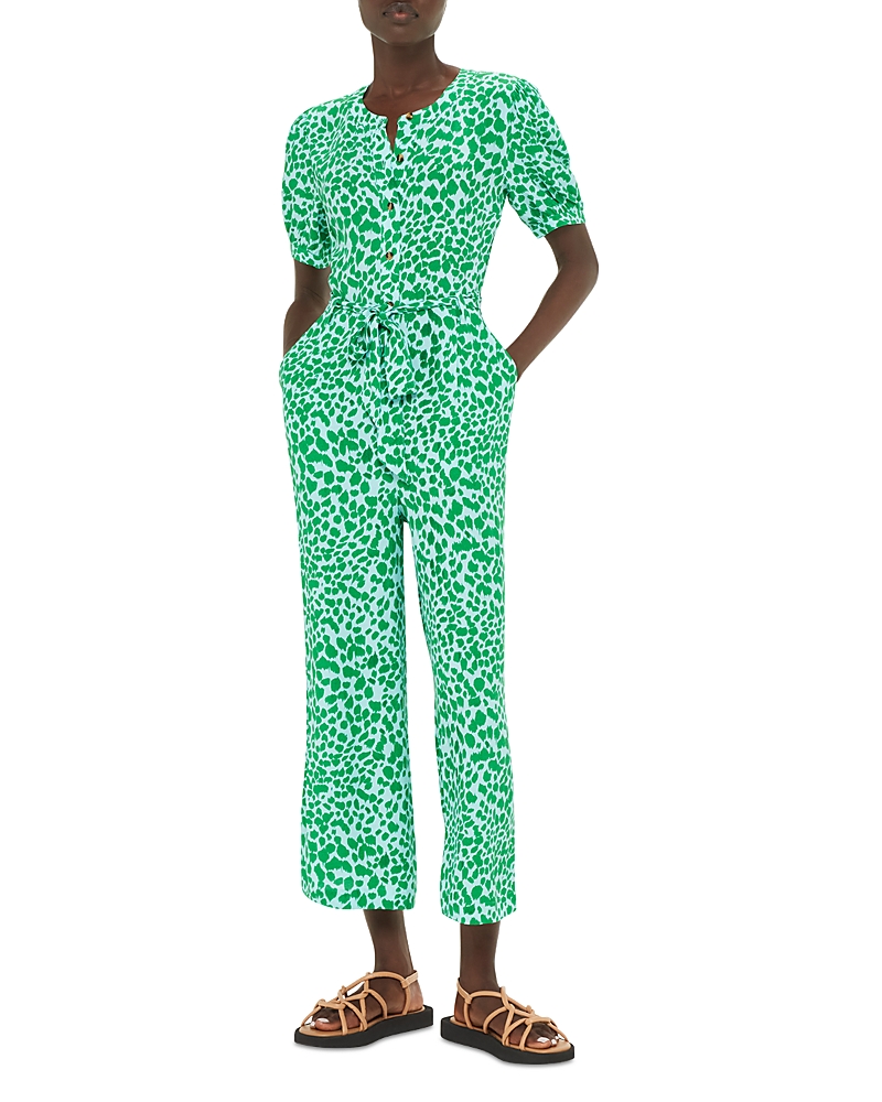 Whistles Womens Multi-coloured Smooth Leopard-print Puff-sleeve Woven Jumpsuit In Green/mutli